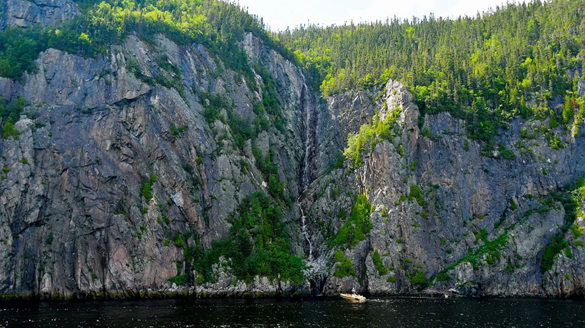 Vue panoramique du fjord du Saguenay depuis un zodiac AML